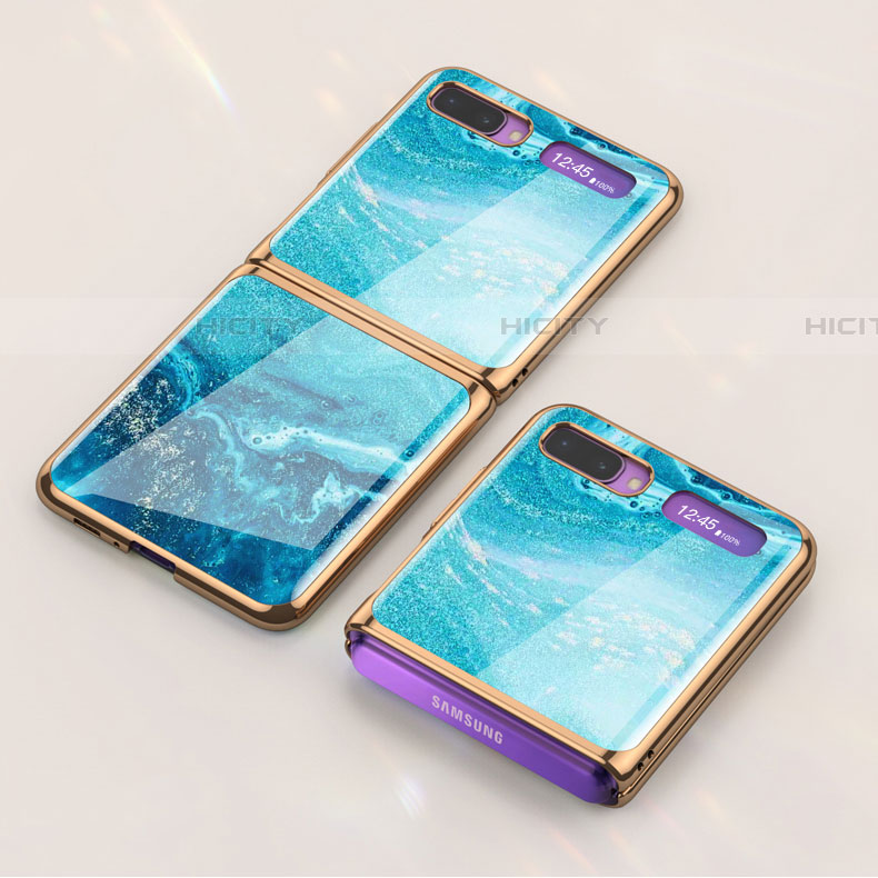 Coque Contour Silicone et Vitre Motif Fantaisie Miroir Etui Housse pour Samsung Galaxy Z Flip 5G Bleu Ciel Plus
