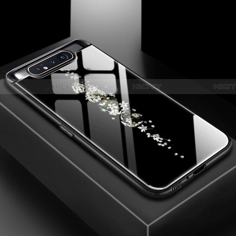 Coque Contour Silicone et Vitre Motif Fantaisie Miroir Etui Housse S01 pour Samsung Galaxy A80 Noir Plus