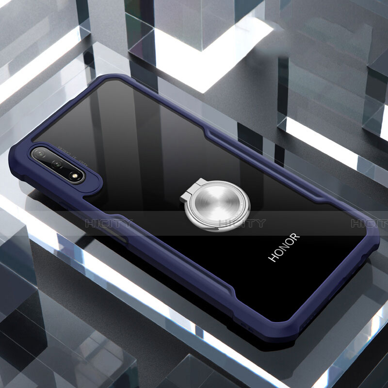 Coque Contour Silicone et Vitre Transparente Miroir 360 Degres avec Support Bague Anneau Aimante Magnetique pour Huawei Honor 9X Bleu Plus