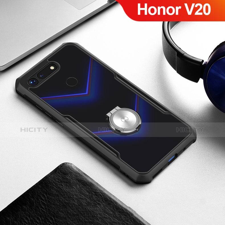 Coque Contour Silicone et Vitre Transparente Miroir 360 Degres avec Support Bague Anneau Aimante Magnetique pour Huawei Honor V20 Noir Plus