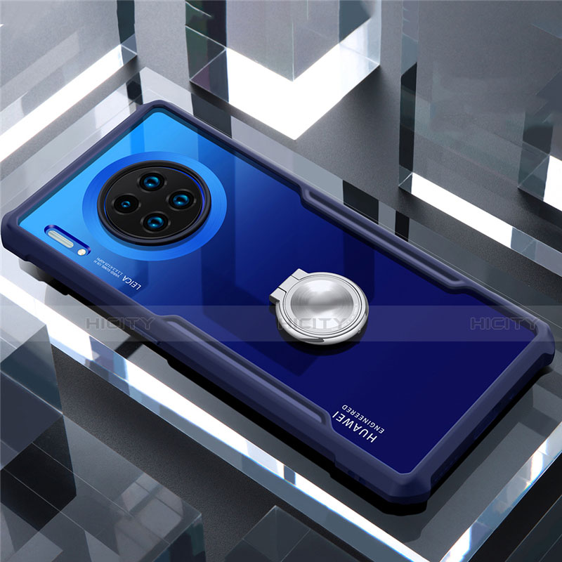 Coque Contour Silicone et Vitre Transparente Miroir 360 Degres avec Support Bague Anneau Aimante Magnetique pour Huawei Mate 30 5G Bleu Plus
