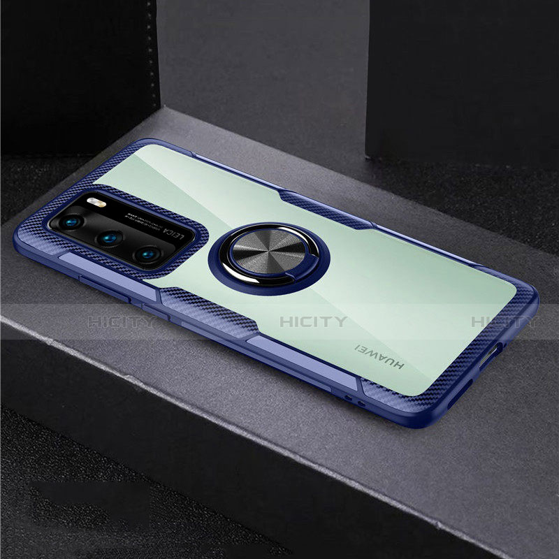 Coque Contour Silicone et Vitre Transparente Miroir 360 Degres avec Support Bague Anneau Aimante Magnetique pour Huawei P40 Bleu Plus