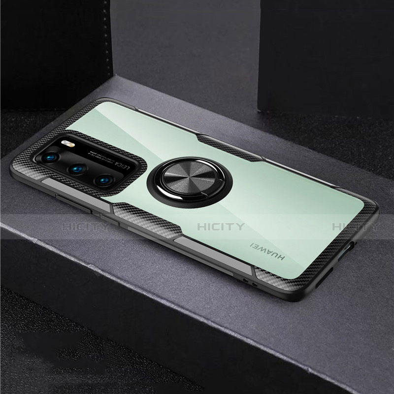 Coque Contour Silicone et Vitre Transparente Miroir 360 Degres avec Support Bague Anneau Aimante Magnetique pour Huawei P40 Noir Plus