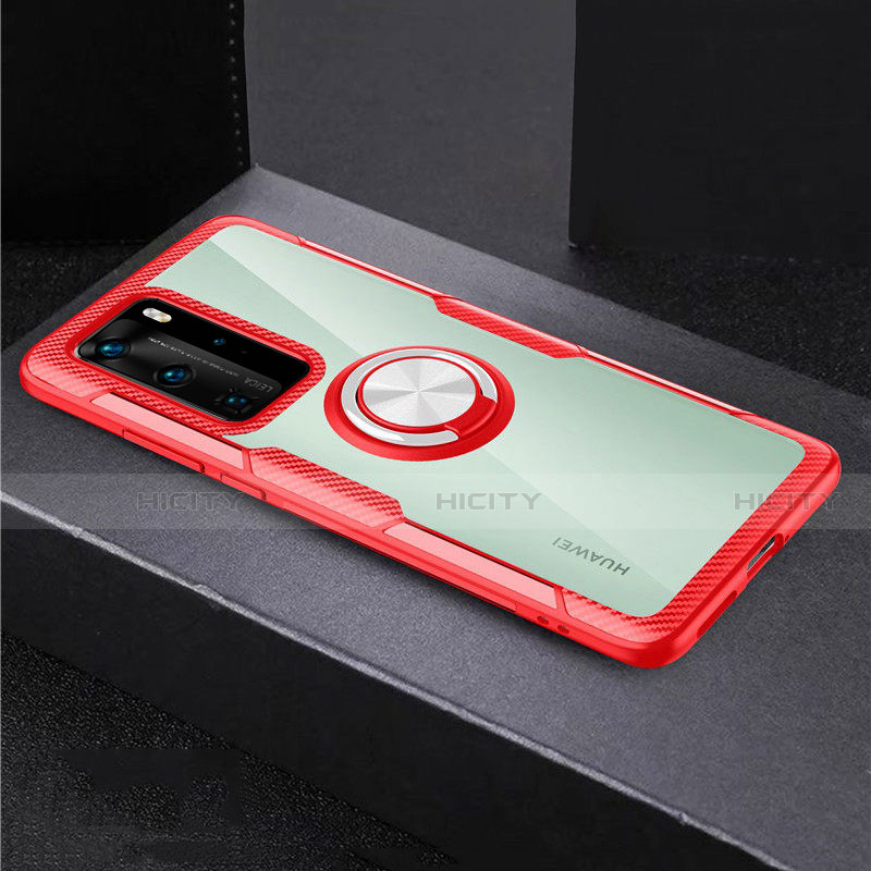 Coque Contour Silicone et Vitre Transparente Miroir 360 Degres avec Support Bague Anneau Aimante Magnetique pour Huawei P40 Pro Rouge Plus