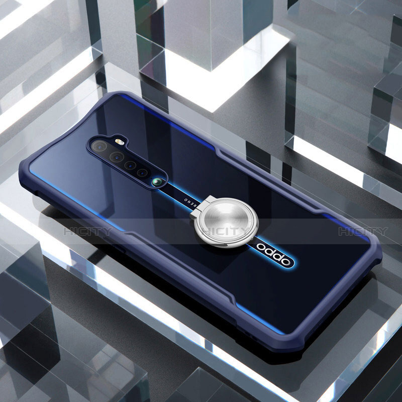 Coque Contour Silicone et Vitre Transparente Miroir 360 Degres avec Support Bague Anneau Aimante Magnetique pour Oppo Reno2 Bleu Plus