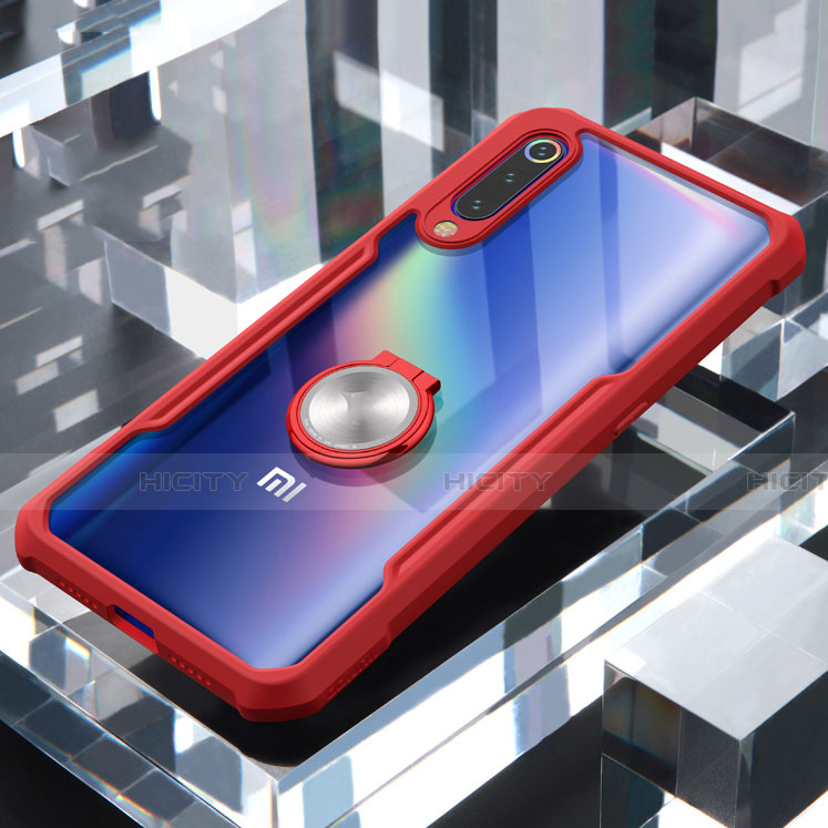 Coque Contour Silicone et Vitre Transparente Miroir 360 Degres avec Support Bague Anneau Aimante Magnetique pour Xiaomi Mi 9 Pro 5G Rouge Plus