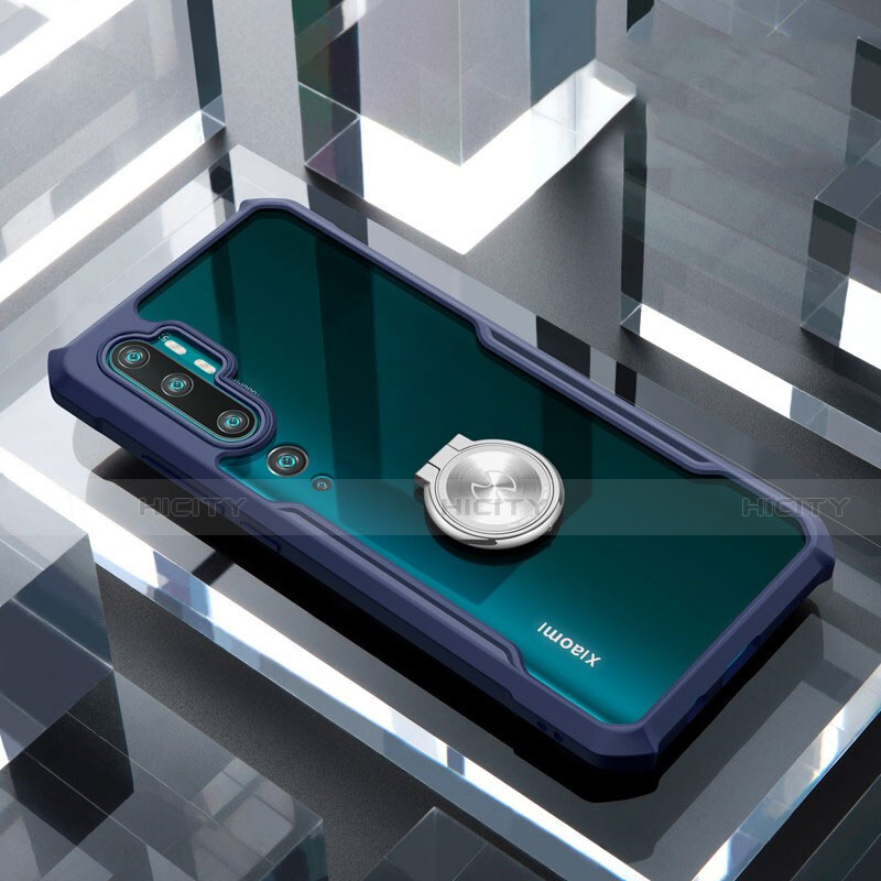 Coque Contour Silicone et Vitre Transparente Miroir 360 Degres avec Support Bague Anneau Aimante Magnetique pour Xiaomi Mi Note 10 Bleu Plus
