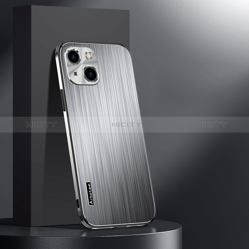 Coque Luxe Aluminum Metal Housse et Bumper Silicone Etui AT1 pour Apple iPhone 13 Argent Plus