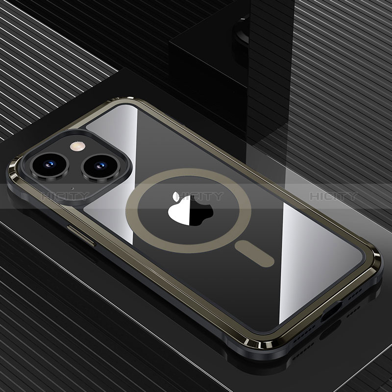 Coque Luxe Aluminum Metal Housse et Bumper Silicone Etui avec Mag-Safe Magnetic Magnetique QC1 pour Apple iPhone 13 Noir Plus