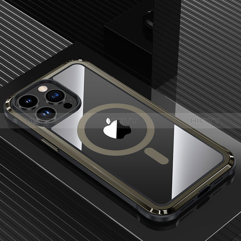 Coque Luxe Aluminum Metal Housse et Bumper Silicone Etui avec Mag-Safe Magnetic Magnetique QC1 pour Apple iPhone 13 Pro Max Noir Plus