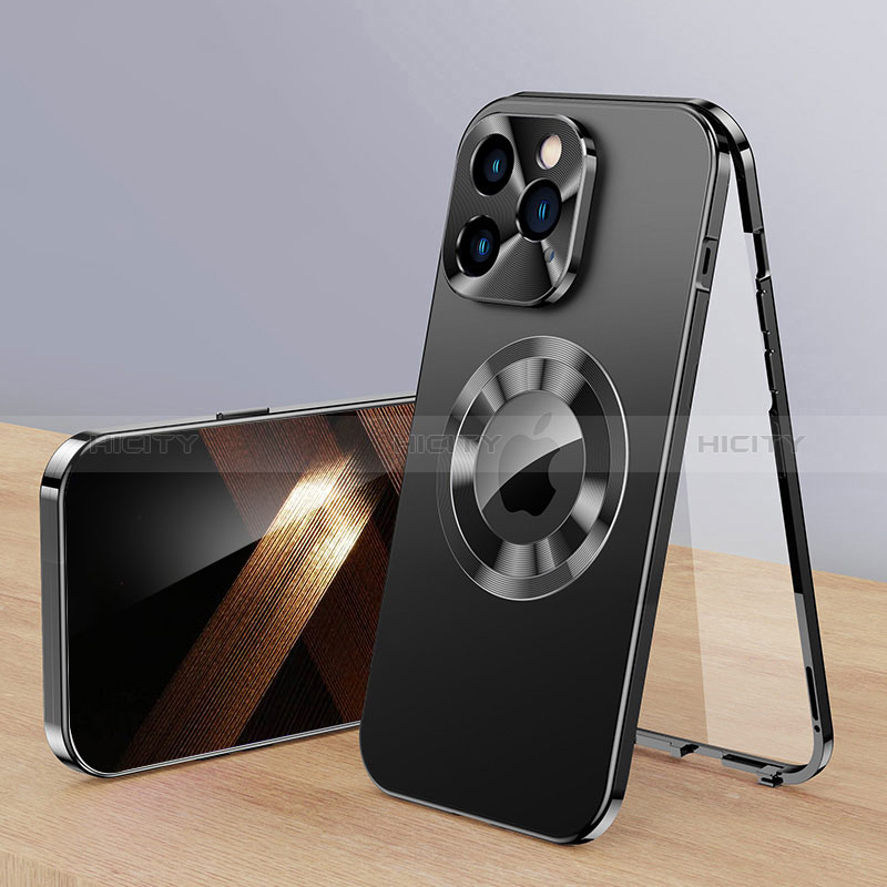 Coque Luxe Aluminum Metal Housse Etui 360 Degres avec Mag-Safe Magnetic Magnetique P01 pour Apple iPhone 13 Pro Noir Plus