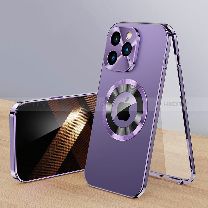 Coque Luxe Aluminum Metal Housse Etui 360 Degres avec Mag-Safe Magnetic Magnetique P01 pour Apple iPhone 13 Pro Violet Plus