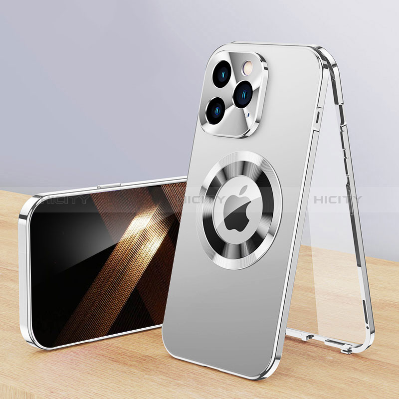 Coque Luxe Aluminum Metal Housse Etui 360 Degres avec Mag-Safe Magnetic Magnetique P01 pour Apple iPhone 14 Pro Argent Plus