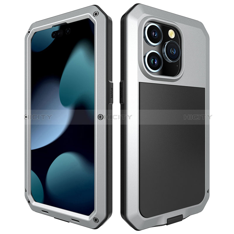 Coque Luxe Aluminum Metal Housse Etui 360 Degres HJ1 pour Apple iPhone 14 Pro Argent Plus