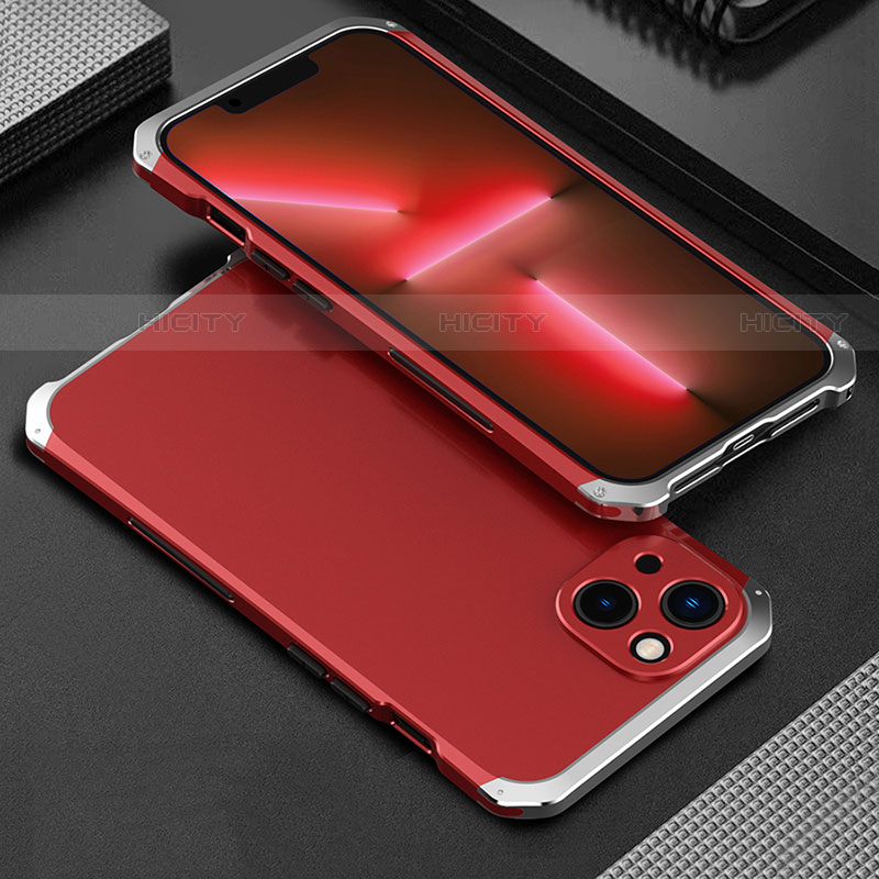 Coque Luxe Aluminum Metal Housse Etui 360 Degres pour Apple iPhone 13 Mini Argent et Rouge Plus