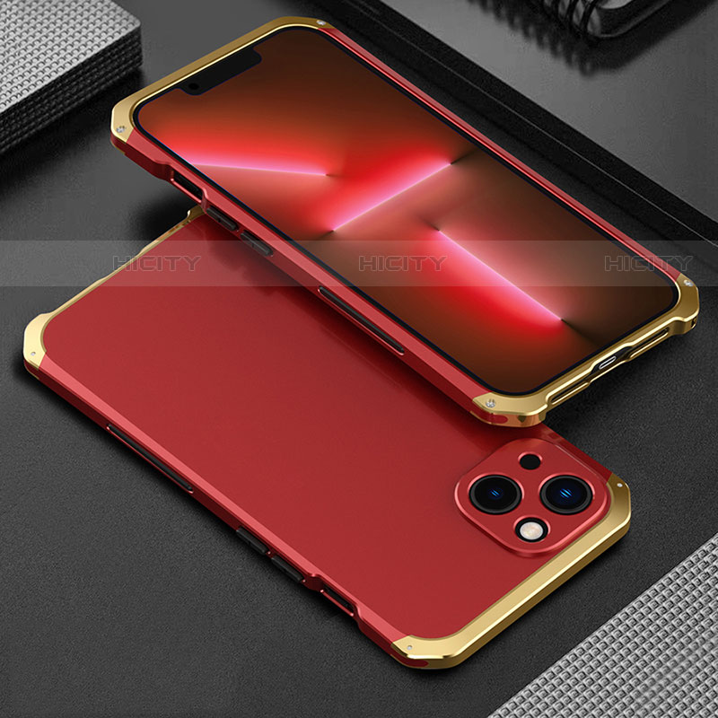 Coque Luxe Aluminum Metal Housse Etui 360 Degres pour Apple iPhone 13 Mini Or et Rouge Plus