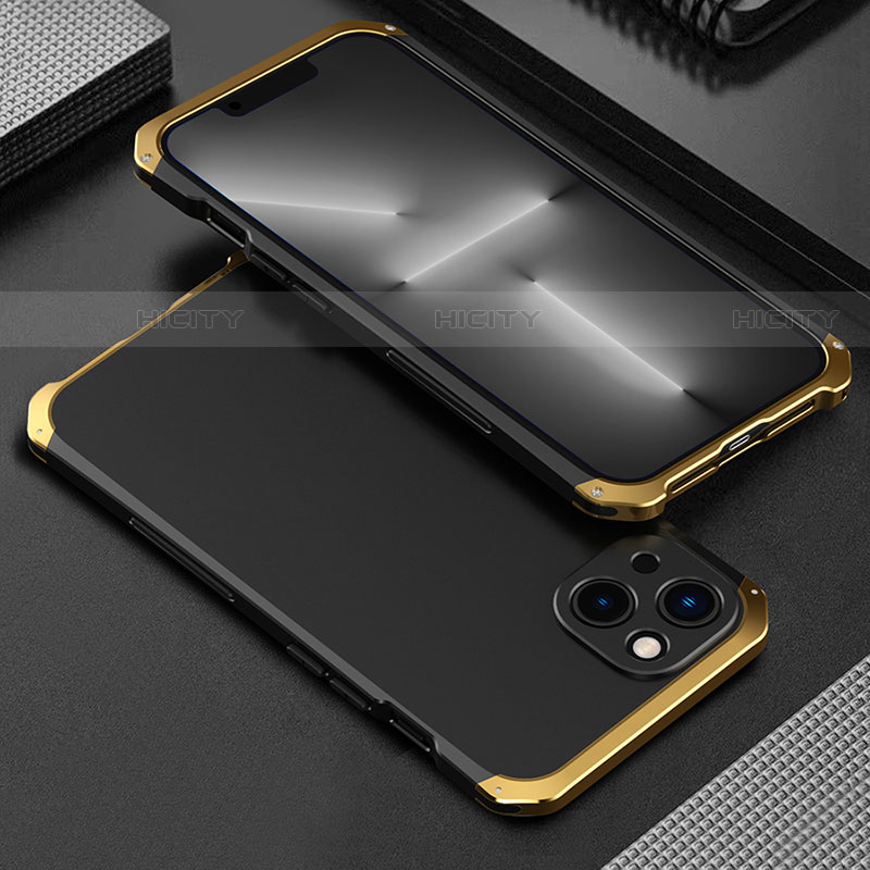 Coque Luxe Aluminum Metal Housse Etui 360 Degres pour Apple iPhone 13 Or et Noir Plus
