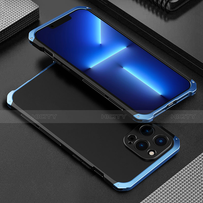 Coque Luxe Aluminum Metal Housse Etui 360 Degres pour Apple iPhone 13 Pro Max Bleu et Noir Plus