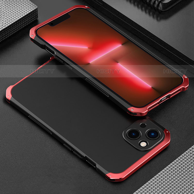 Coque Luxe Aluminum Metal Housse Etui 360 Degres pour Apple iPhone 13 Rouge et Noir Plus