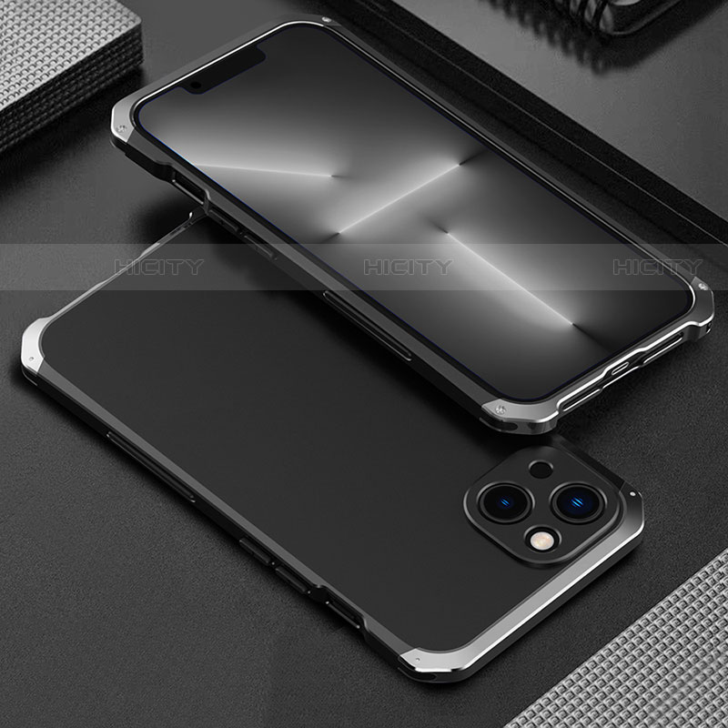 Coque Luxe Aluminum Metal Housse Etui 360 Degres pour Apple iPhone 14 Argent et Noir Plus