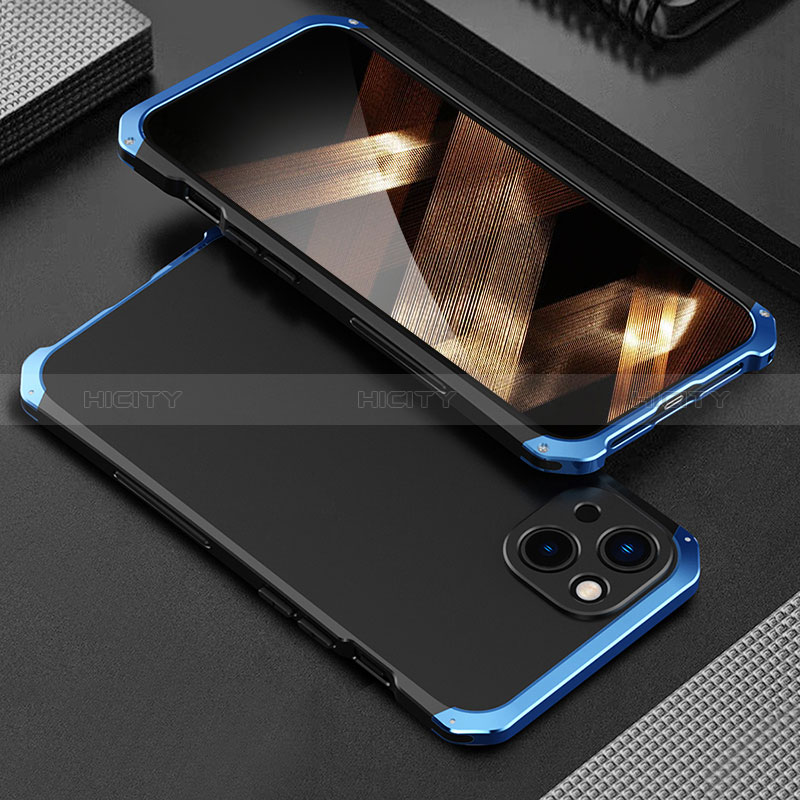 Coque Luxe Aluminum Metal Housse Etui 360 Degres pour Apple iPhone 15 Bleu et Noir Plus