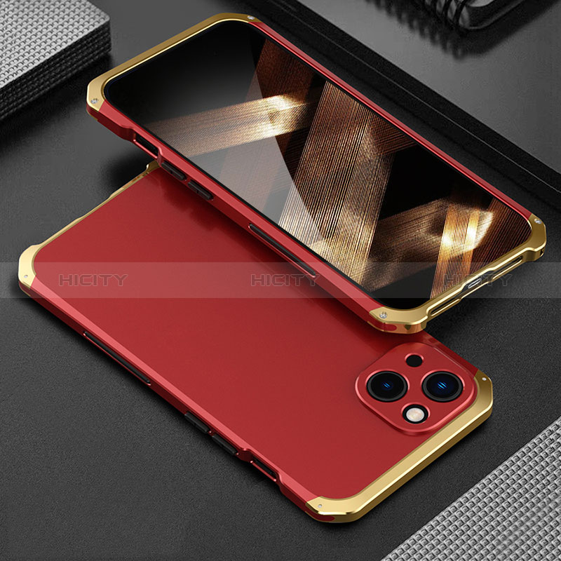 Coque Luxe Aluminum Metal Housse Etui 360 Degres pour Apple iPhone 15 Plus Or et Rouge Plus