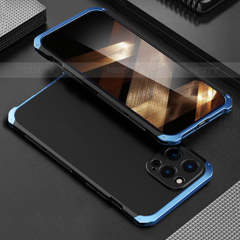 Coque Luxe Aluminum Metal Housse Etui 360 Degres pour Apple iPhone 15 Pro Bleu et Noir Plus