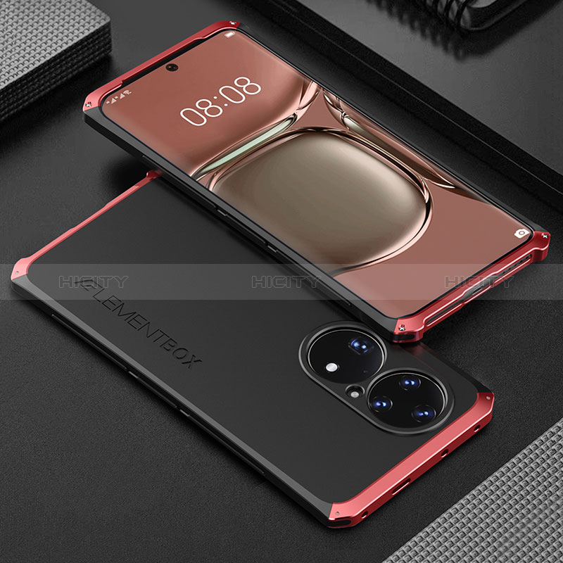 Coque Luxe Aluminum Metal Housse Etui 360 Degres pour Huawei P50 Pro Rouge et Noir Plus