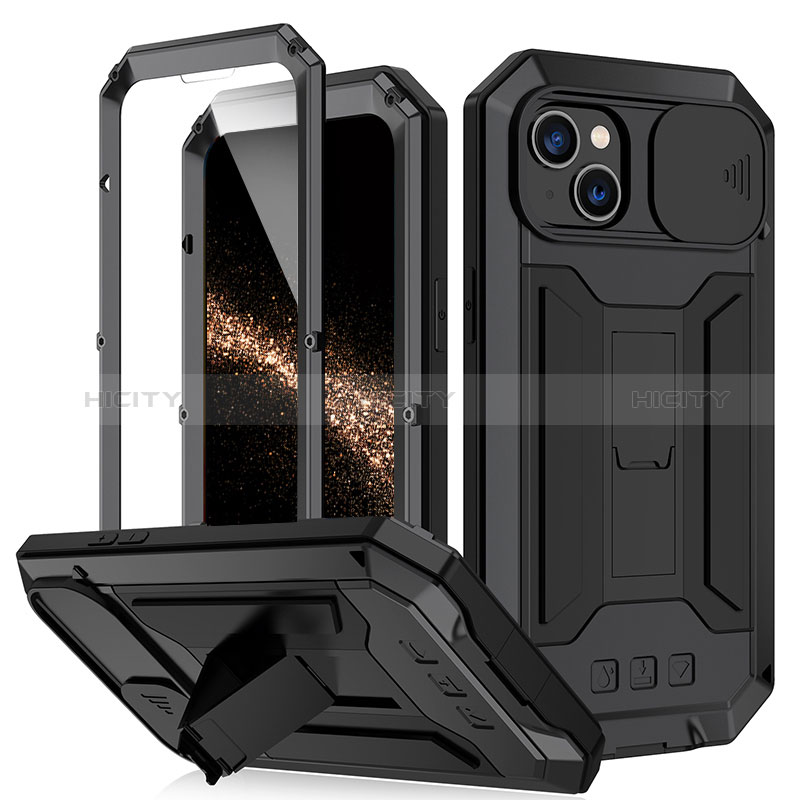 Coque Luxe Aluminum Metal Housse Etui 360 Degres RJ2 pour Apple iPhone 15 Noir Plus