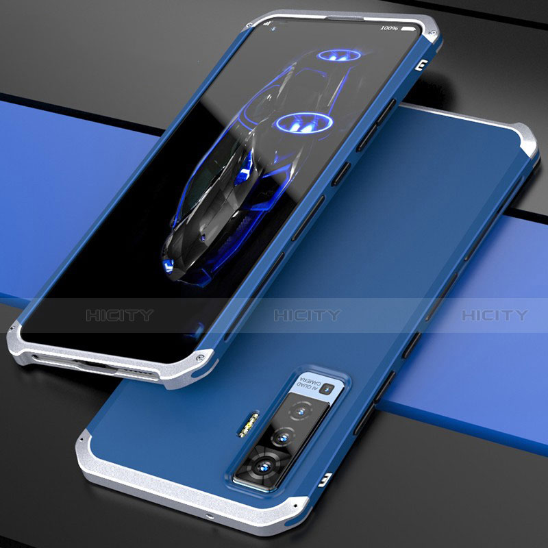 Coque Luxe Aluminum Metal Housse Etui pour Vivo X50 5G Argent et Bleu Plus