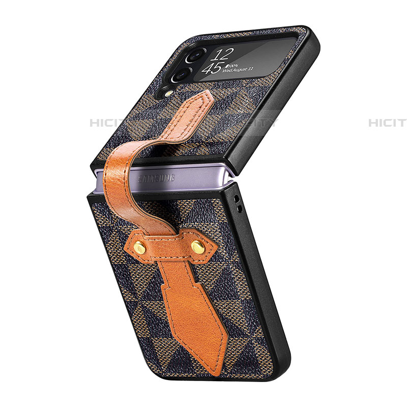 Coque Luxe Cuir et Plastique Housse Etui Mat R01 pour Samsung Galaxy Z Flip4 5G Marron Plus