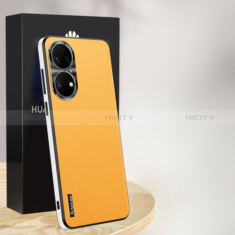 Coque Luxe Cuir Housse Etui AT1 pour Huawei P50 Pro Jaune Plus
