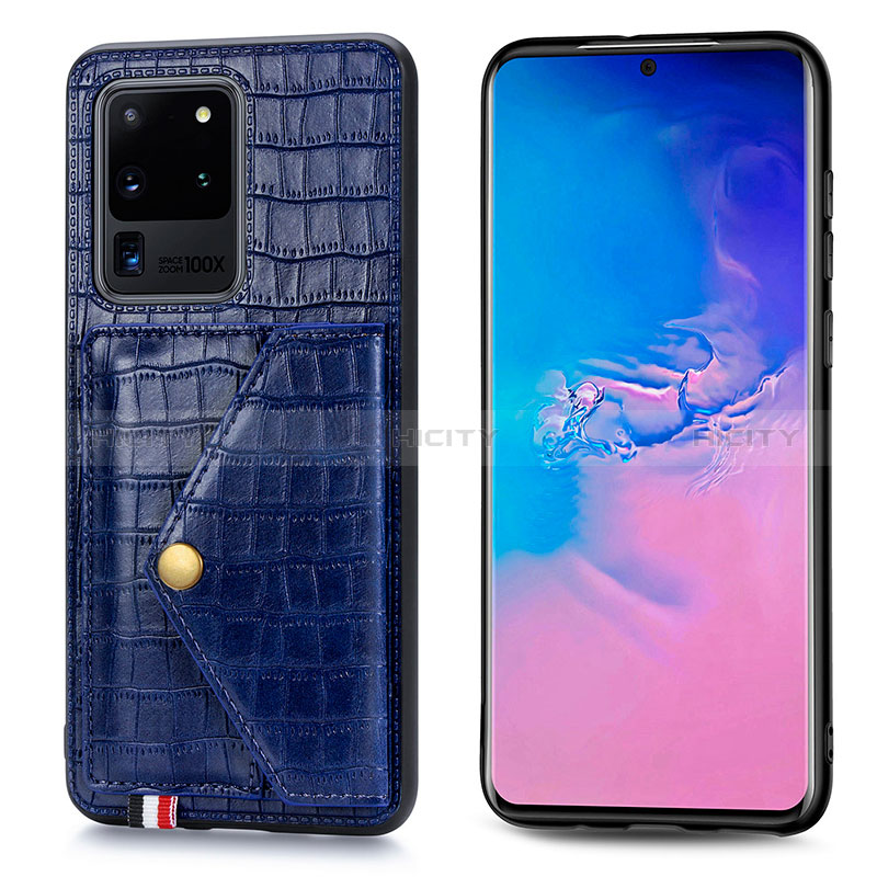 Coque Luxe Cuir Housse Etui S01D pour Samsung Galaxy S20 Ultra Bleu Plus