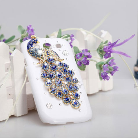 Coque Luxe Strass Diamant Bling Paon pour Samsung Galaxy S3 III LTE 4G Bleu Plus