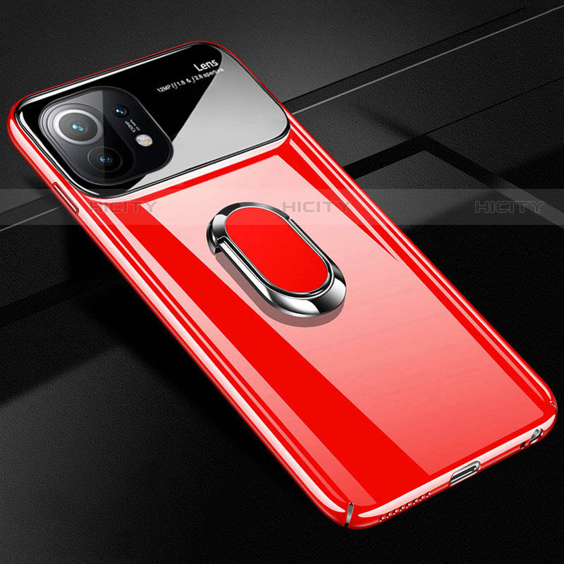 Coque Plastique Housse Etui Rigide Mat avec Support Bague Anneau Aimante Magnetique P01 pour Xiaomi Mi 11 5G Rouge Plus