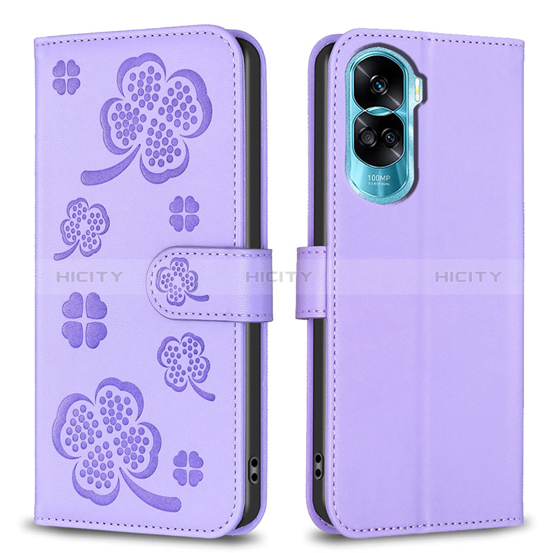 Coque Portefeuille Fleurs Livre Cuir Etui Clapet BF1 pour Huawei Honor 90 Lite 5G Violet Plus