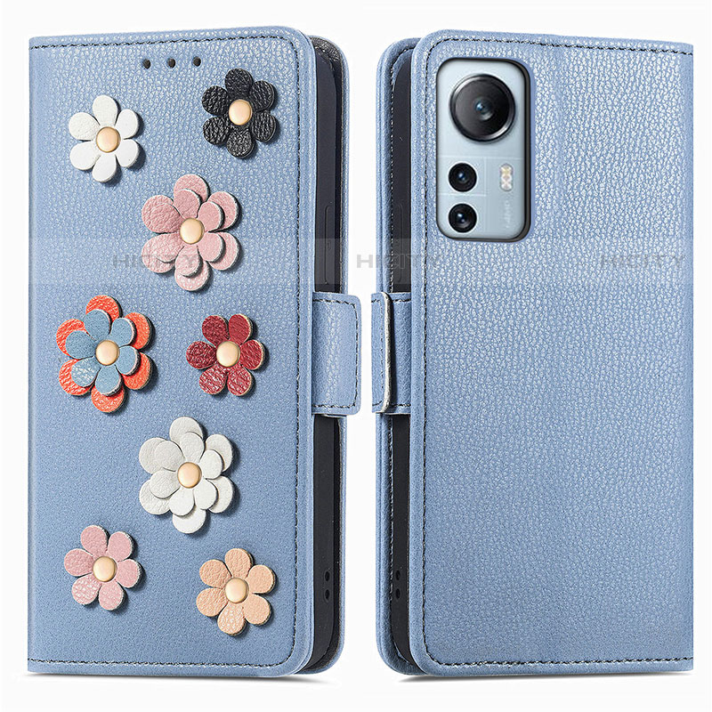 Coque Portefeuille Fleurs Livre Cuir Etui Clapet L01 pour Xiaomi Mi 12X 5G Bleu Plus