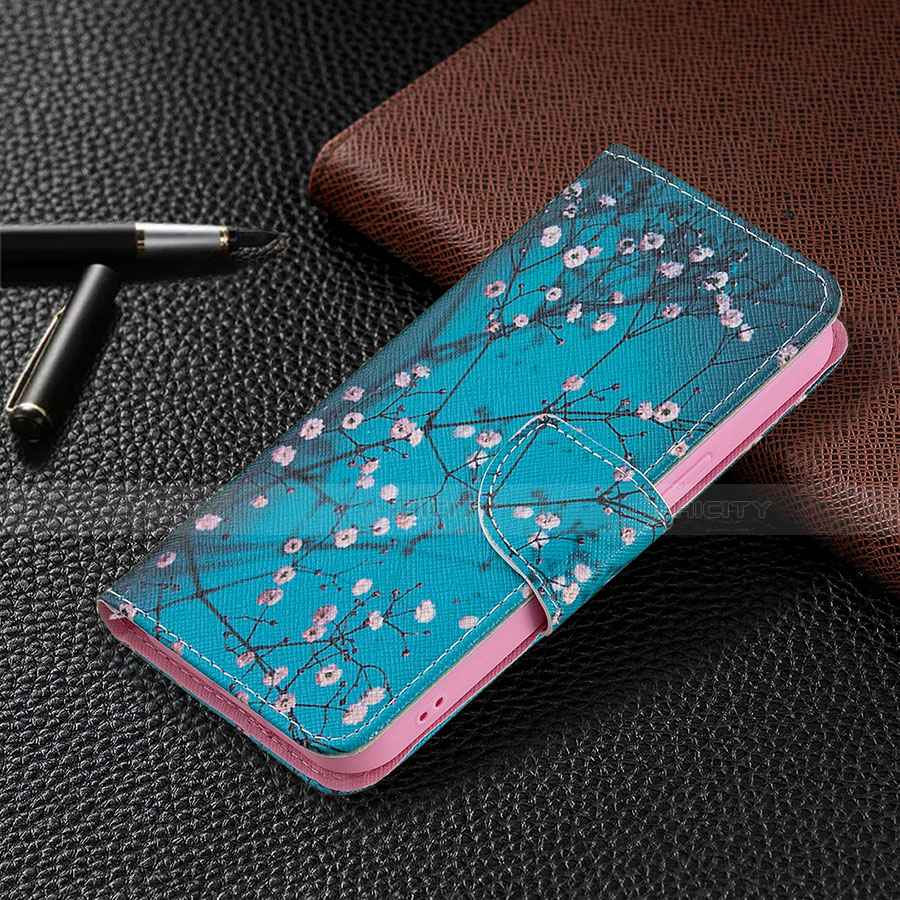 Coque Portefeuille Fleurs Livre Cuir Etui Clapet L02 pour Apple iPhone 13 Pro Max Cyan Plus