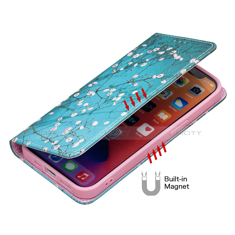 Coque Portefeuille Fleurs Livre Cuir Etui Clapet pour Apple iPhone 13 Cyan Plus