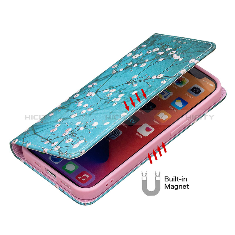 Coque Portefeuille Fleurs Livre Cuir Etui Clapet pour Apple iPhone 14 Pro Max Bleu Ciel Plus