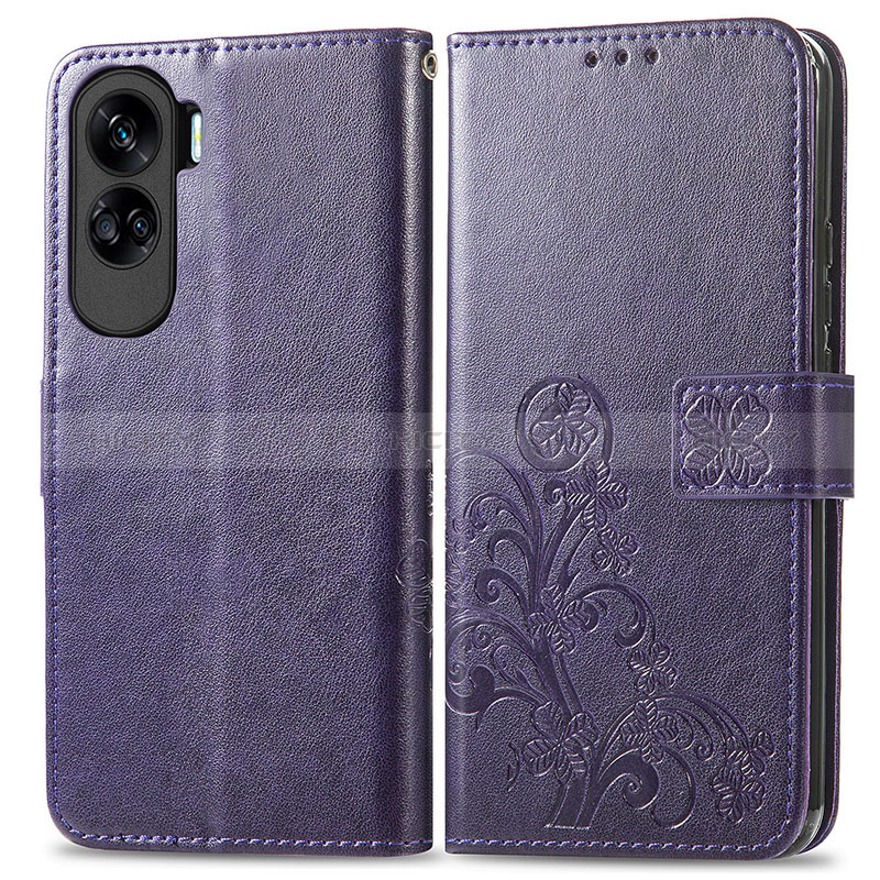 Coque Portefeuille Fleurs Livre Cuir Etui Clapet pour Huawei Honor 90 Lite 5G Violet Plus