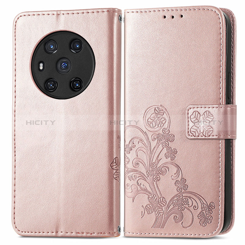 Coque Portefeuille Fleurs Livre Cuir Etui Clapet pour Huawei Honor Magic3 5G Or Rose Plus