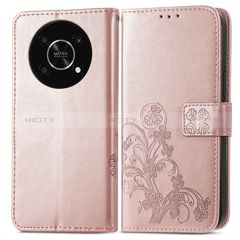Coque Portefeuille Fleurs Livre Cuir Etui Clapet pour Huawei Nova Y90 Or Rose Plus