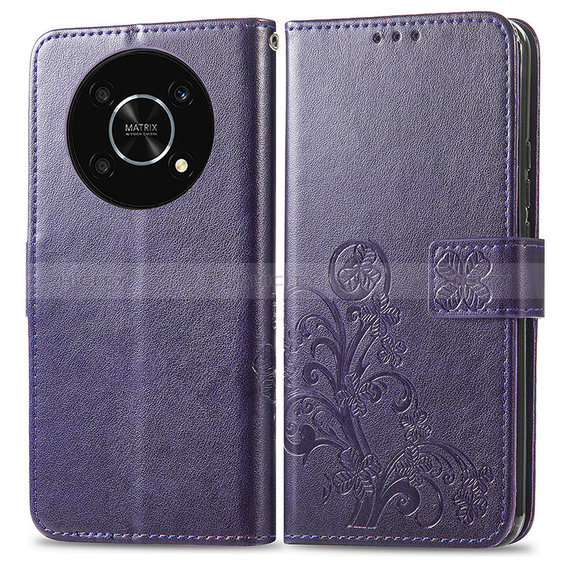 Coque Portefeuille Fleurs Livre Cuir Etui Clapet pour Huawei Nova Y90 Violet Plus