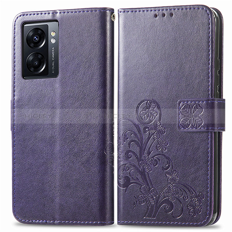 Coque Portefeuille Fleurs Livre Cuir Etui Clapet pour Oppo A56S 5G Violet Plus