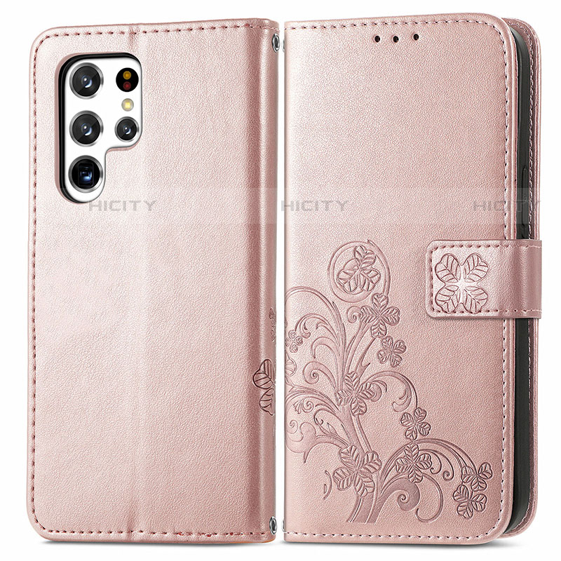 Coque Portefeuille Fleurs Livre Cuir Etui Clapet pour Samsung Galaxy S23 Ultra 5G Rose Plus