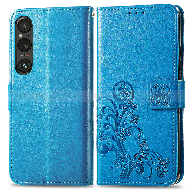 Coque Portefeuille Fleurs Livre Cuir Etui Clapet pour Sony Xperia 1 V Bleu Plus