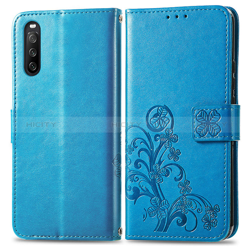 Coque Portefeuille Fleurs Livre Cuir Etui Clapet pour Sony Xperia 10 III Bleu Plus