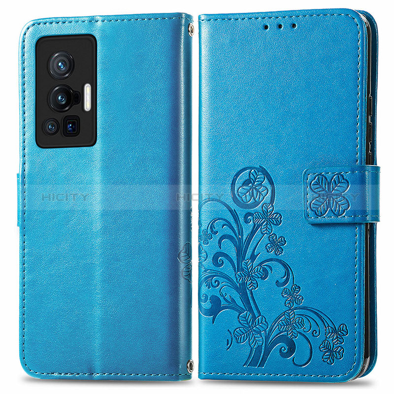 Coque Portefeuille Fleurs Livre Cuir Etui Clapet pour Vivo X70 Pro 5G Bleu Plus