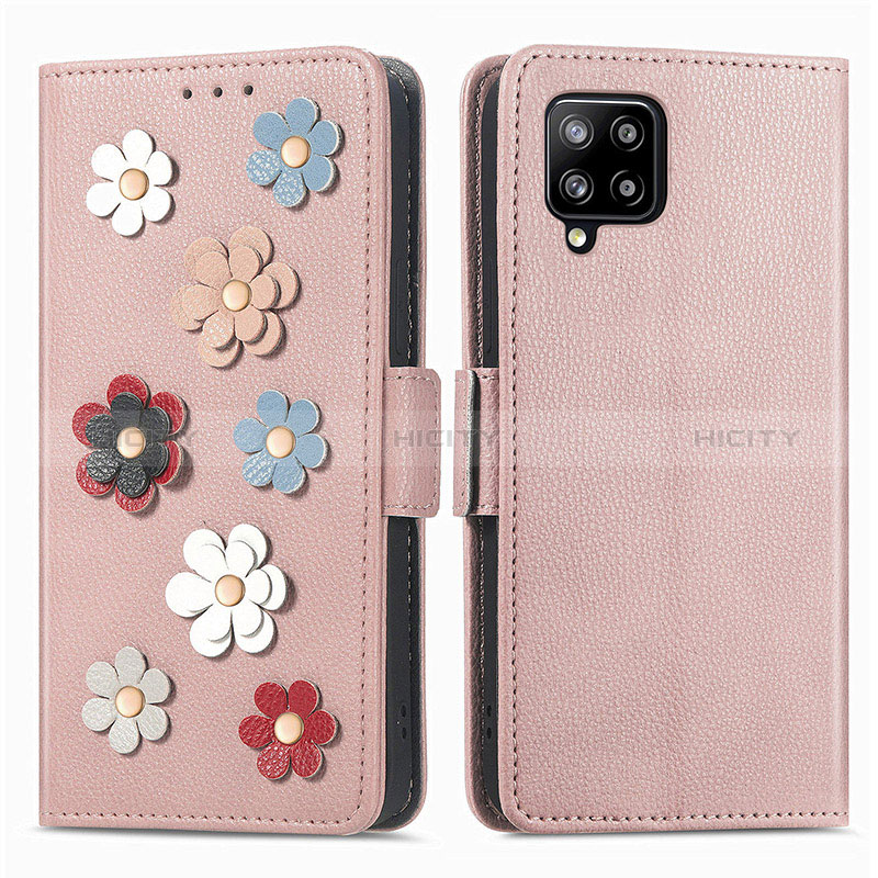 Coque Portefeuille Fleurs Livre Cuir Etui Clapet S02D pour Samsung Galaxy A42 5G Or Rose Plus